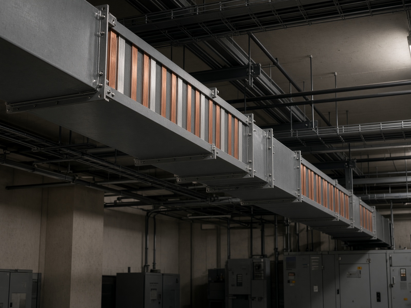 Sandwich bus duct running through an electrical room