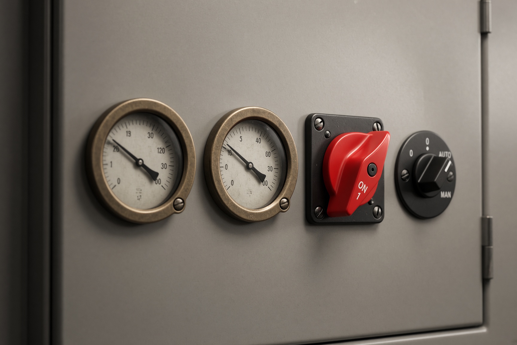 Analog meters and rotary isolators on a control panel door